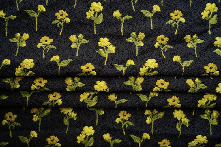 Yellow Flower Jacquard Fabric, Black 3D Designer Fabric, 55"W