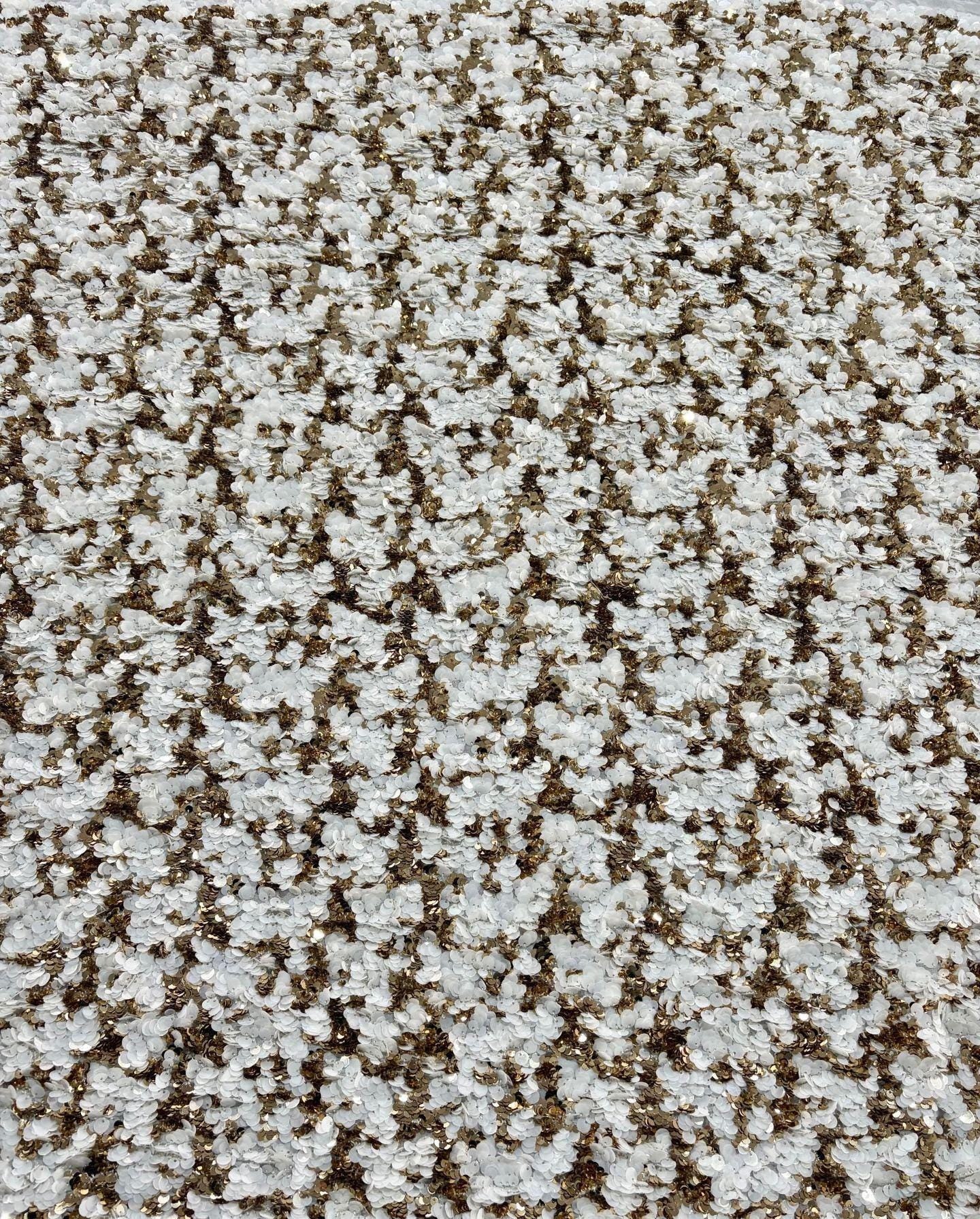 Cream Gold Sequin Layered Embroidered Chiffon Fabric ��� Wedding Dress & Gown Embroidery Materi"Wide