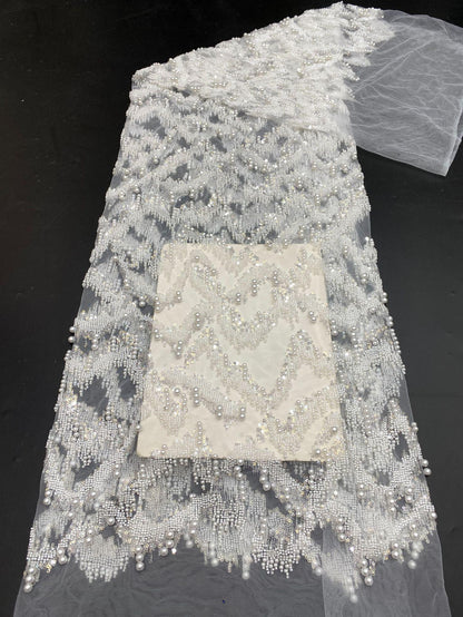 Luxury Beaded Fabric with Pearls Sequins ��� High-End Bridal & Evening Gown Embellished Textile, Wedding dress fabr"Wide