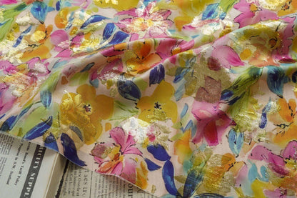 Floral Jacquard Woven Fabric: 3D Gold Thread Embossed Texture, 57" Wide