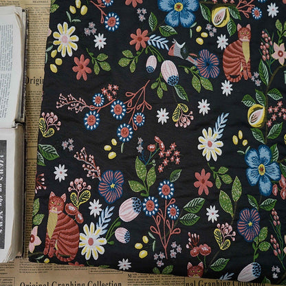 Black Cat Jacquard Fabric: Floral Upholstery, Costume, Decor (58"W)