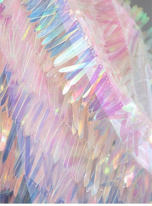 Pink Sequined Tassel Mesh Fabric, Illusion Design, 49" Wide