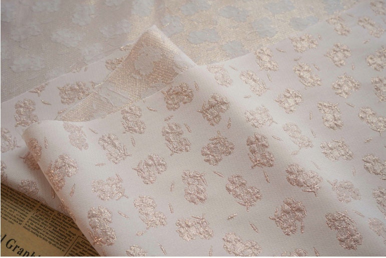 Gold Thread Jacquard Fabric: Pink Embossed Flower Woven Textile, 55"W