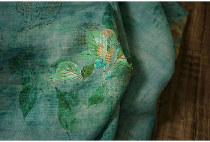 Jade Green Ramie Fabric: Crane Print, Soft Home Textile, 55"W