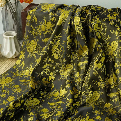 Black Gold Chinese Brocade Fabric Wild Bird and Azalea Cushion cover, pillow case, cheongsam, Qipao, Upholstery, Costume, bag, Sewing/Fabric