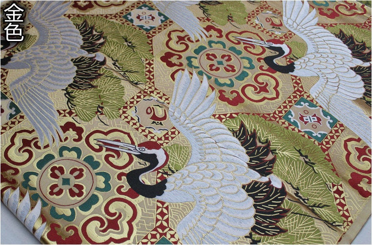 Japanese Crane Jacquard Satin Fabric: Pale Gold Bird Fabric, 29.5"W