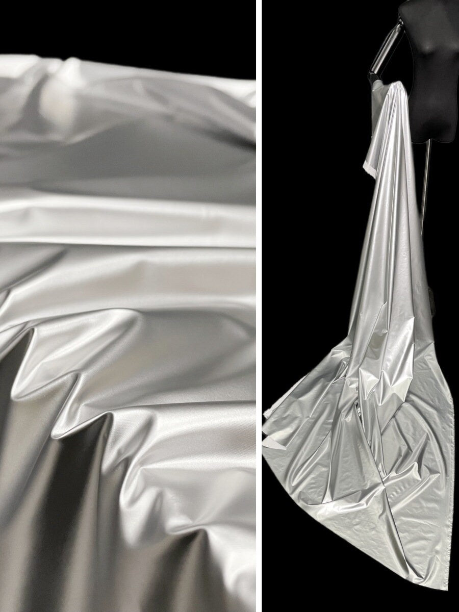 Metallic Silver PU Leather Fabric: Space Gray Designer Fabric, 59" Wide