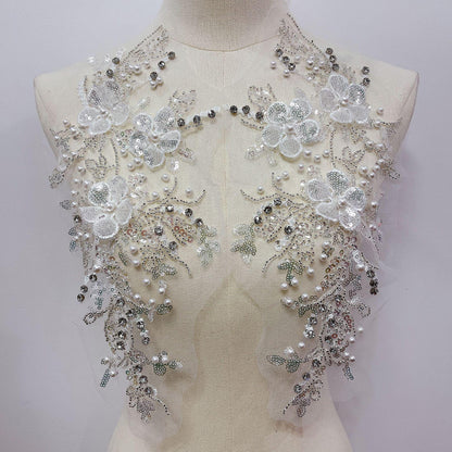 Embroidered Lace Trim: Light Ivory Bridal Applique with Sequins (By Pair)