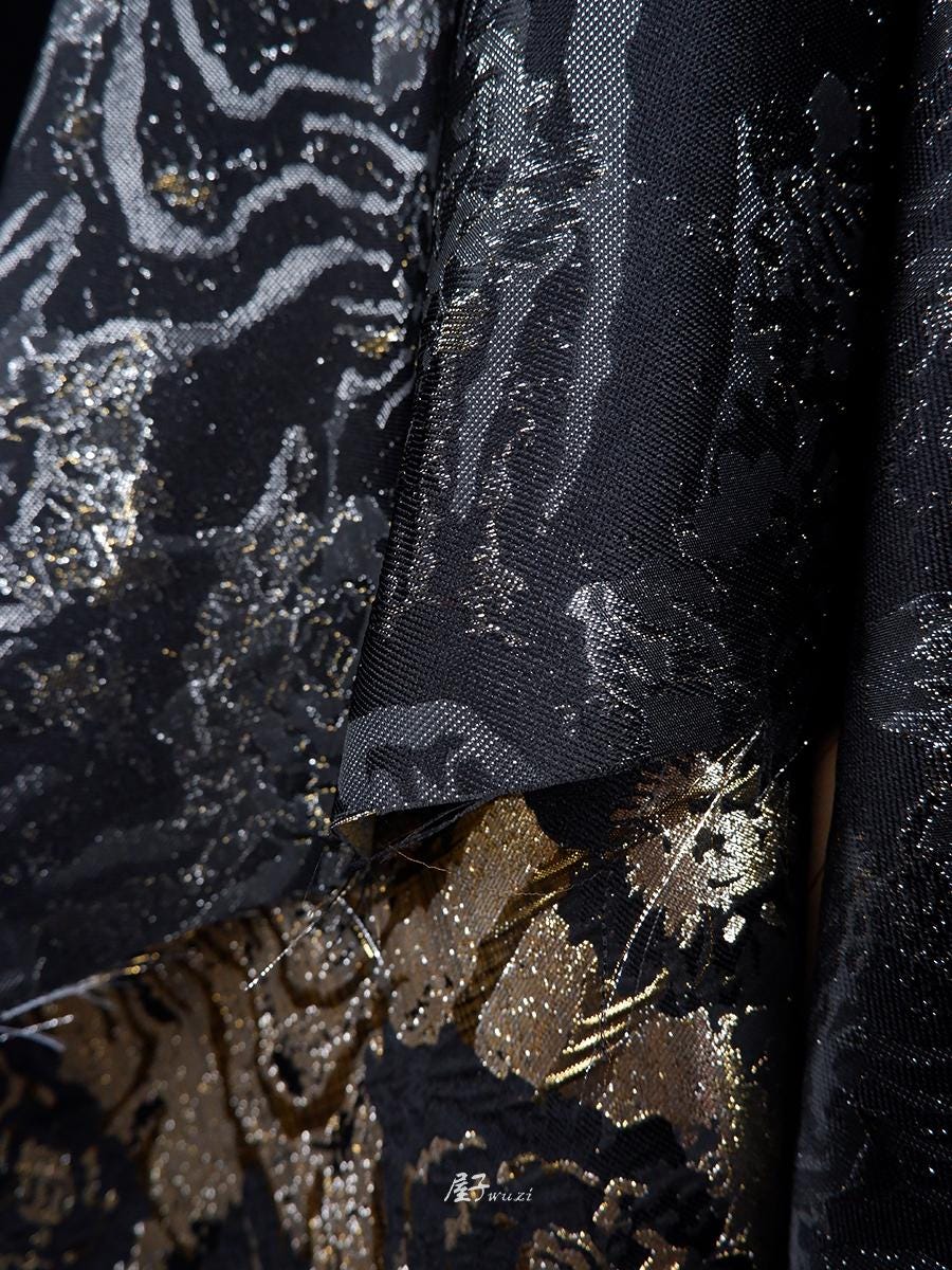 Gold & Silver Rose Polyester Fabric: Shiny Designer Material, 45"W