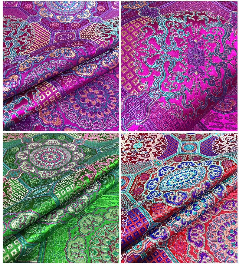 Tissu brodé Thangka : Mélange de soie et rayonne de bon augure, 75 cm de large, vendu au mètre