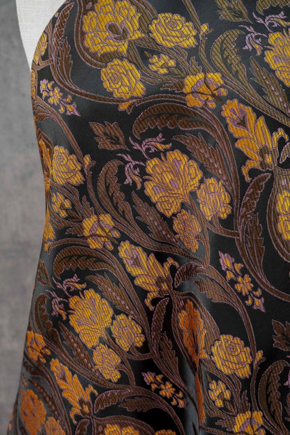 Luxury European Black Rose Scroll Jacquard Fabric ��� Elegant Brocade for Vest, Costume, Upholstery & Dress