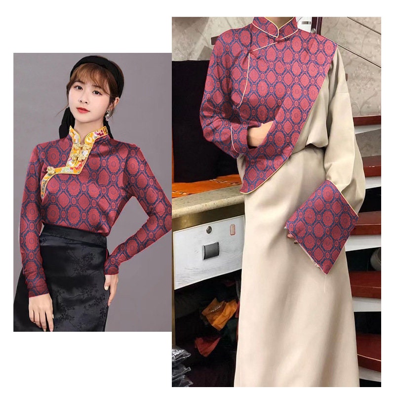 Red & Blue Floral Brocade Fabric: 29.5"W Rayon Cheongsam Material