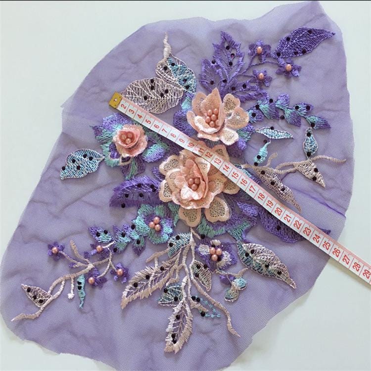 Colorful 3D Flower Beaded Lace: Bridal Wedding Veil Embroidery Patch