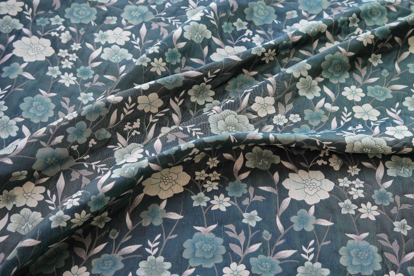 Japanese Floral Rayon Cotton Fabric: Blue Kimono Upholstery, 64"W