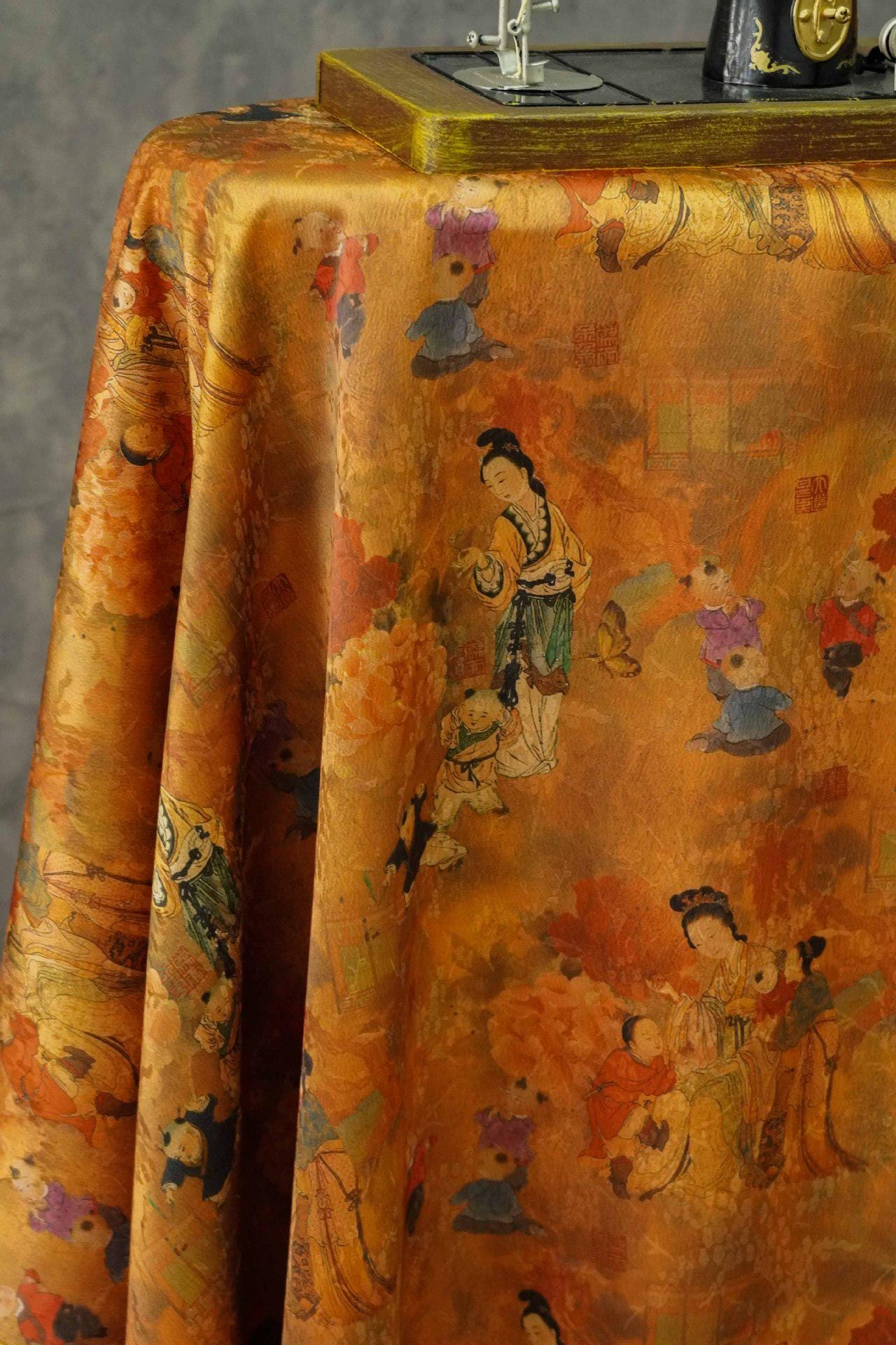 Ancient Family Tea Silk Satin Fabric: Digital Print, 59"W