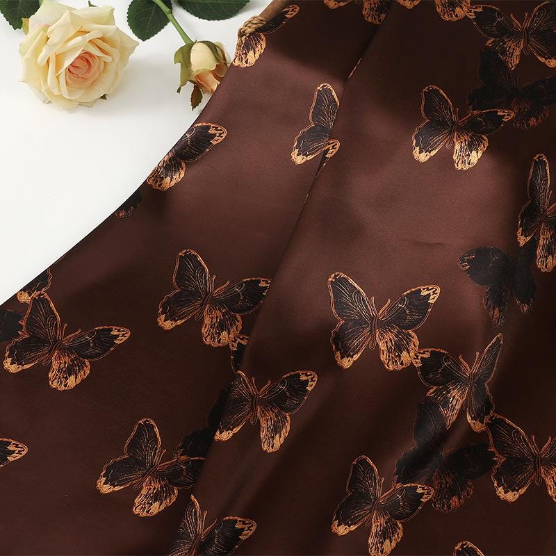 Gold Butterfly Tea Silk Satin Fabric: 59"W Digital Print, Costume & Decor