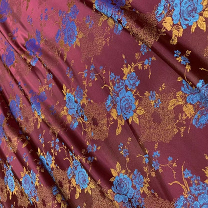 Tissu brocart de soie : motif de roses, tissu de mariage chinois (au mètre)