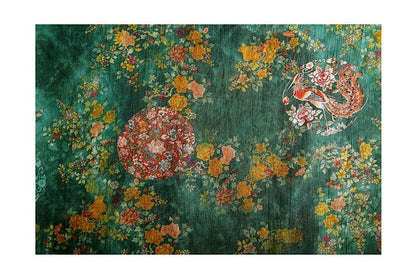 Jade Green Ramie Fabric: Floral Bird Print, 57" Wide