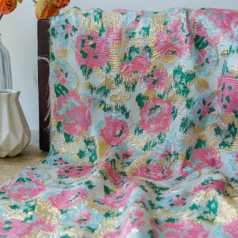 Gold Thread Woven Jacquard Fabric: 3D Embossed Floral, 59"W