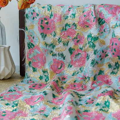 Gold Thread Woven Jacquard Fabric: 3D Embossed Floral, 59"W