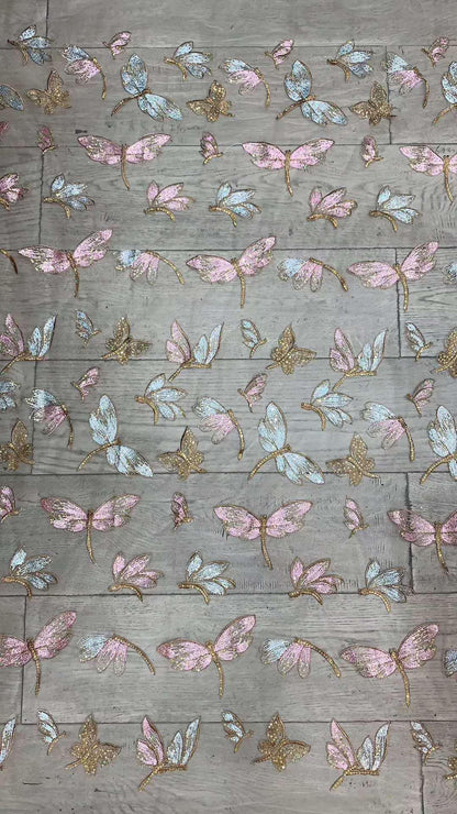 Butterfly Embroidered Sequin Lace Fabric: Two-Tone Tulle Mesh, 59" Wide