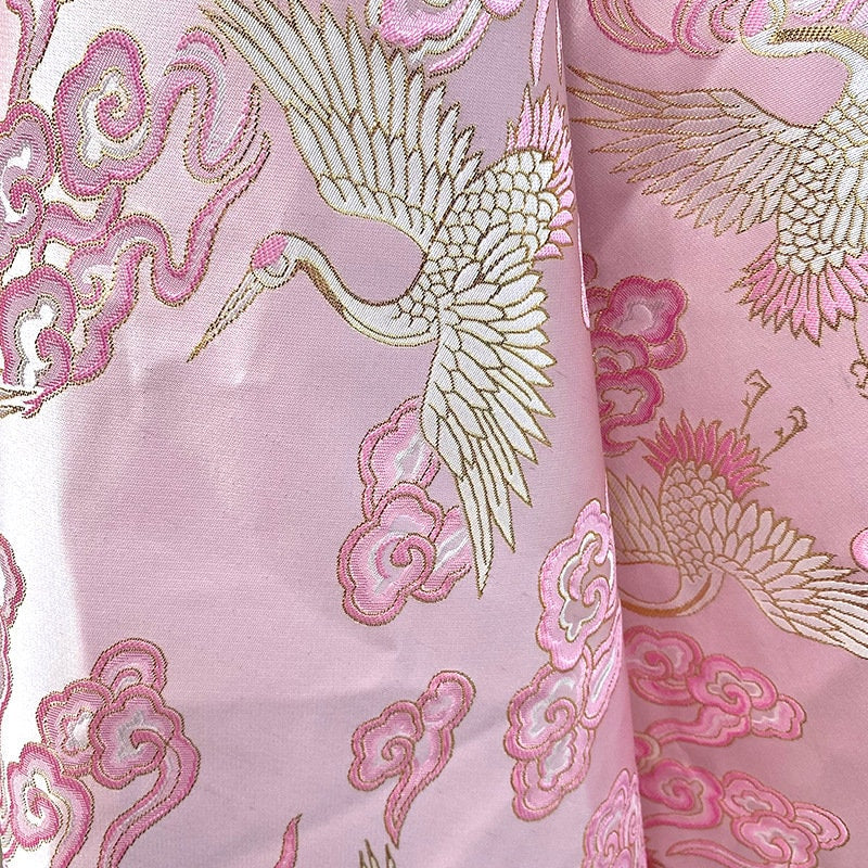 Pink Crane Brocade Fabric: 59"W Jacquard Satin Cheongsam Sewing Fabric