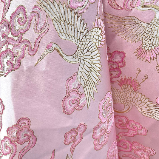 Pink Crane Brocade Fabric: 59"W Jacquard Satin Cheongsam Sewing Fabric
