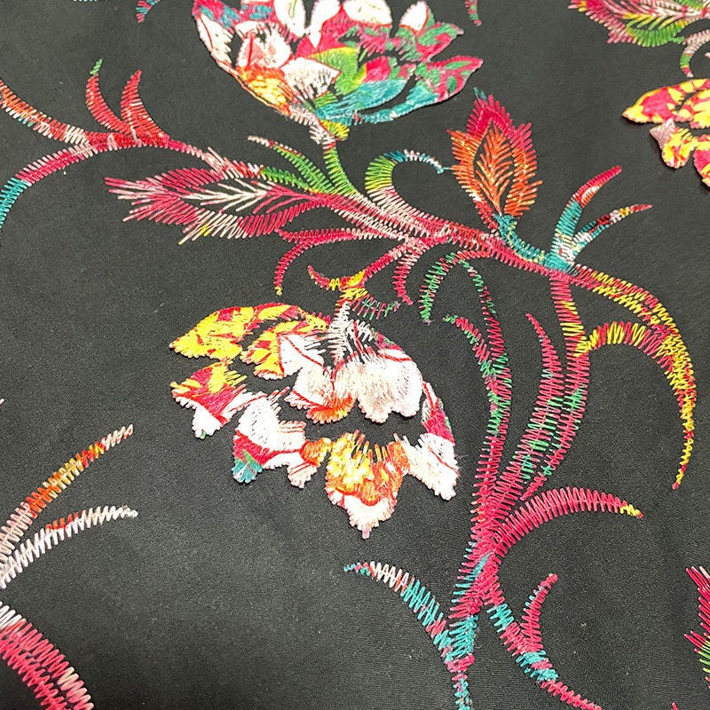 Floral Embroidery Fabric: Multicolor 3D Flowers, 100% Cotton (58"W)