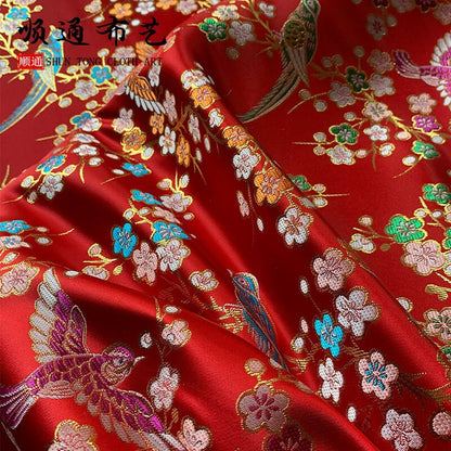 Bird Peony Jacquard Brocade Fabric: Golden Cheongsam Qipao Sewing, 59"W