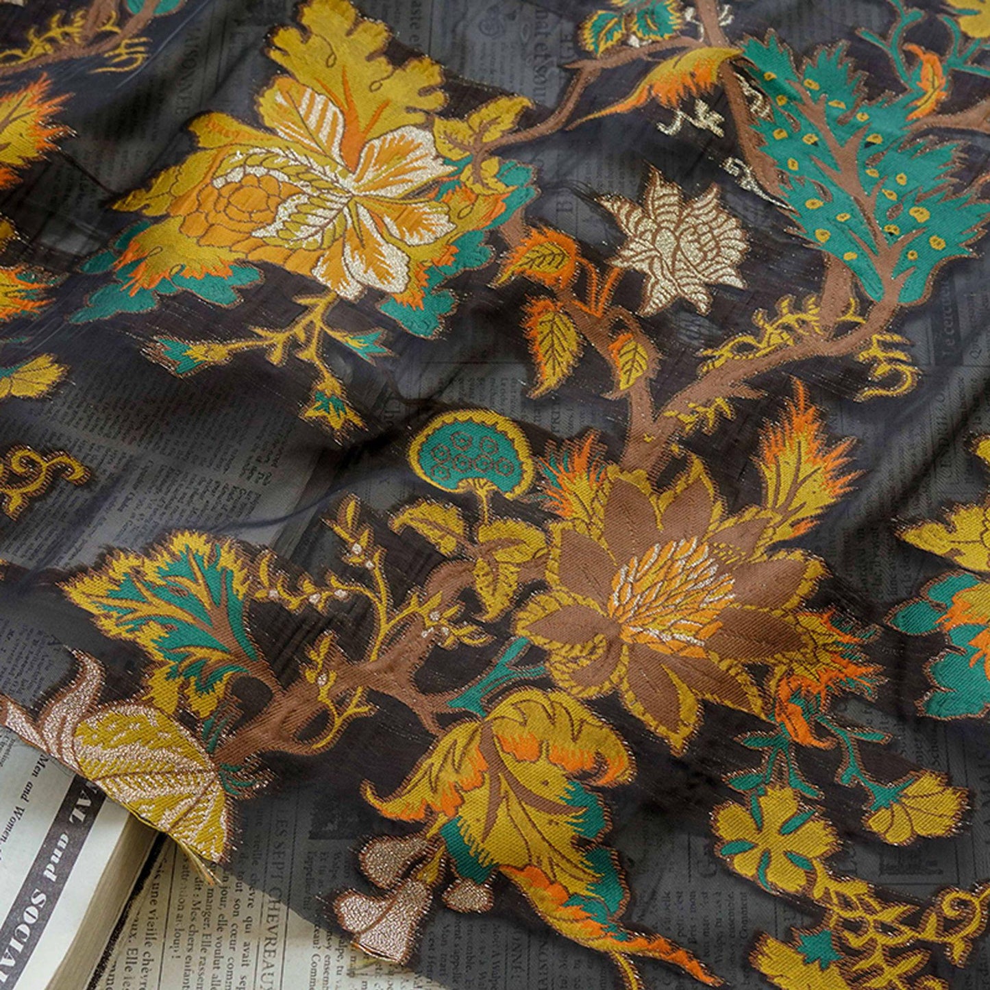 Yellow 3D Jacquard Organza Fabric: Embossed Dress Costume Sewing, 55"W