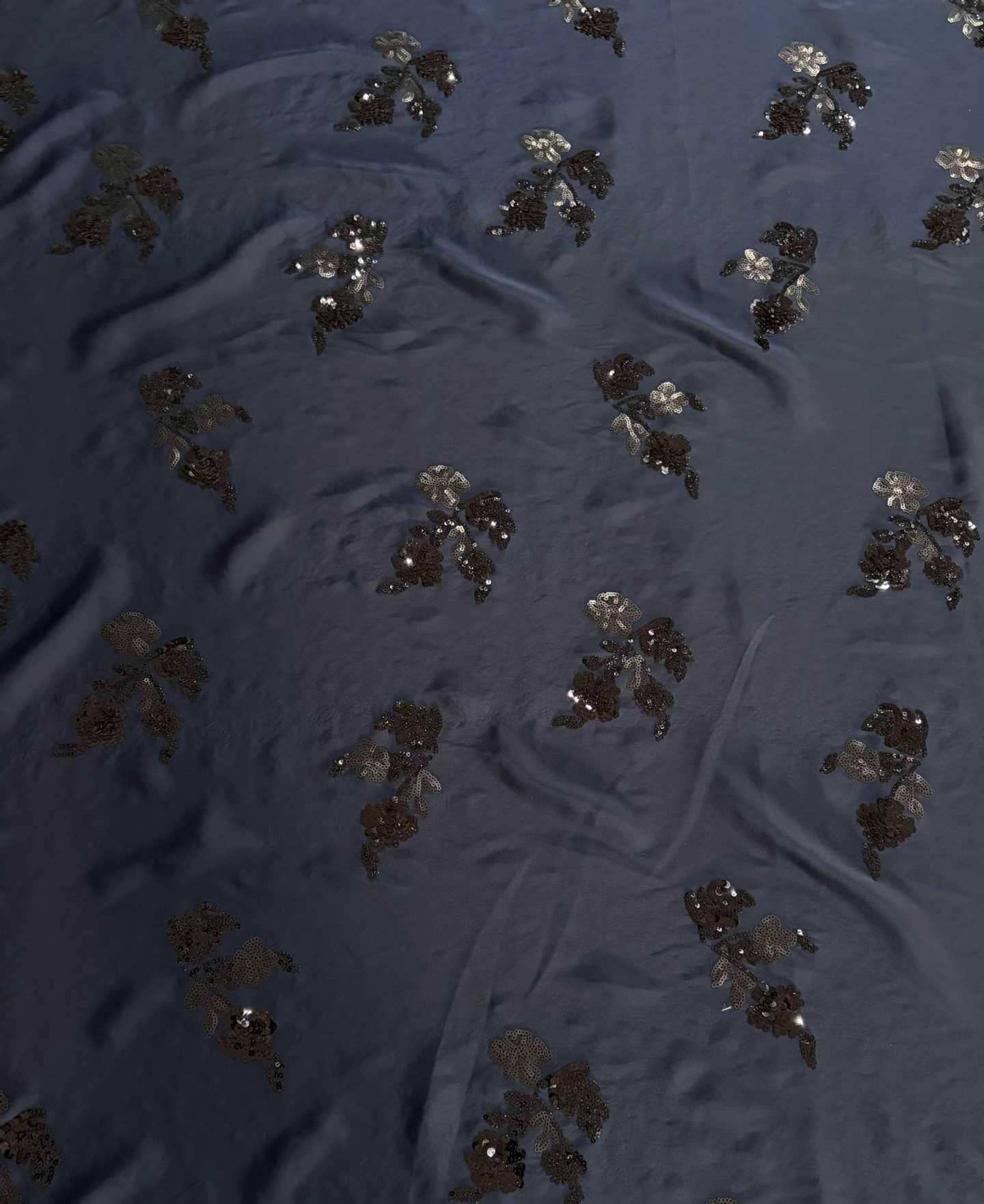 Black Satin Fabric with Gold Sequin Embroidery ��" Wide