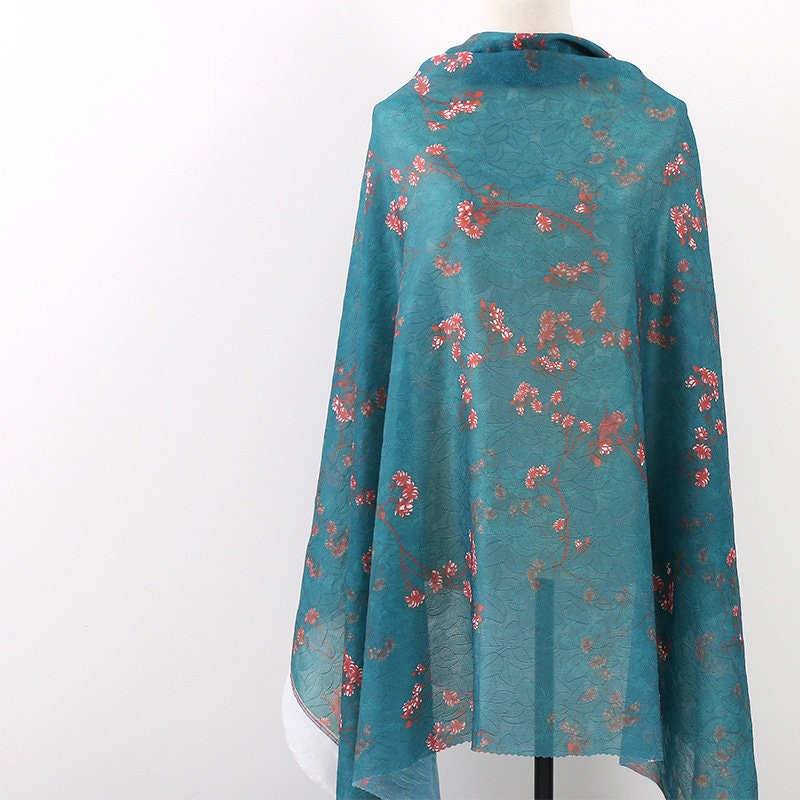 Floral Tencel Ramie Fabric: Teal Painting Pattern, Sewing Material