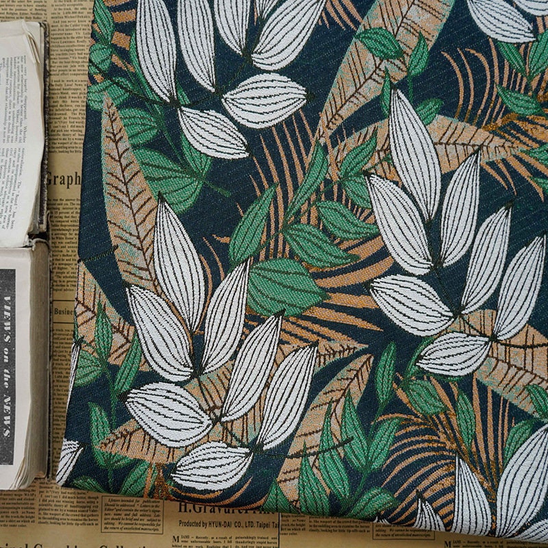 Tissu jacquard floral en polyester : revêtement d’ameublement à motif de feuilles tropicales, 150 cm de large