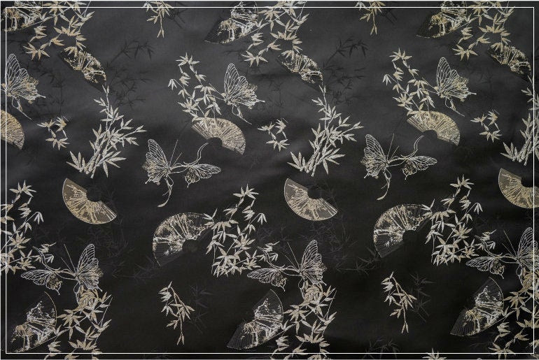 Gold Thread Jacquard Fabric: Butterfly & Fan Design, 58" Wide