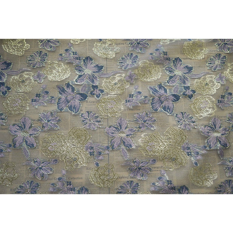 Blue & Gold Floral Organza Jacquard Fabric - 56" Wide