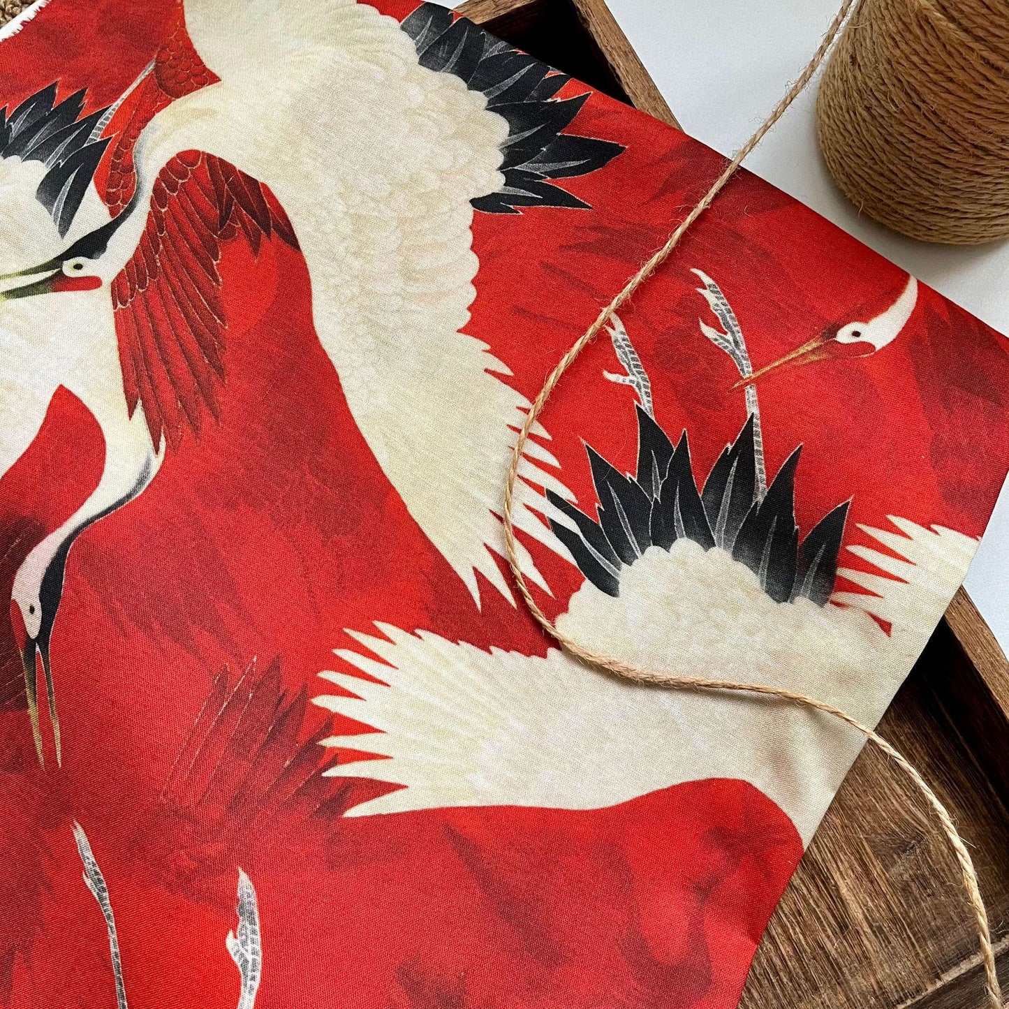 Crane Print Cotton Fabric: Red & White Textile, 59" Wide