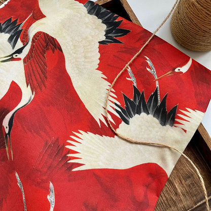 Crane Print Cotton Fabric: Red & White Textile, 59" Wide
