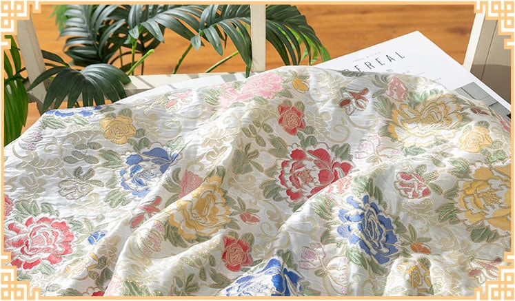 Floral Jacquard Silk Brocade Fabric: Golden Sword Tang Pattern, 59"W