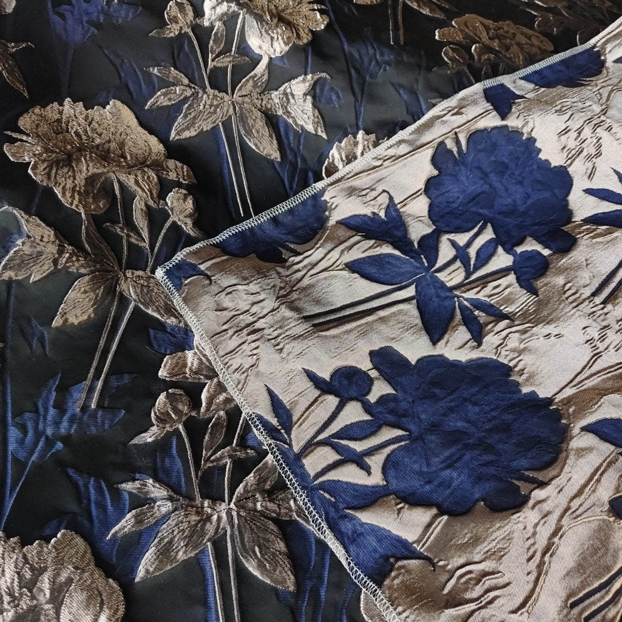 Reversible Floral Jacquard Fabric: Gold Thread, 3D Embossed - 62"W
