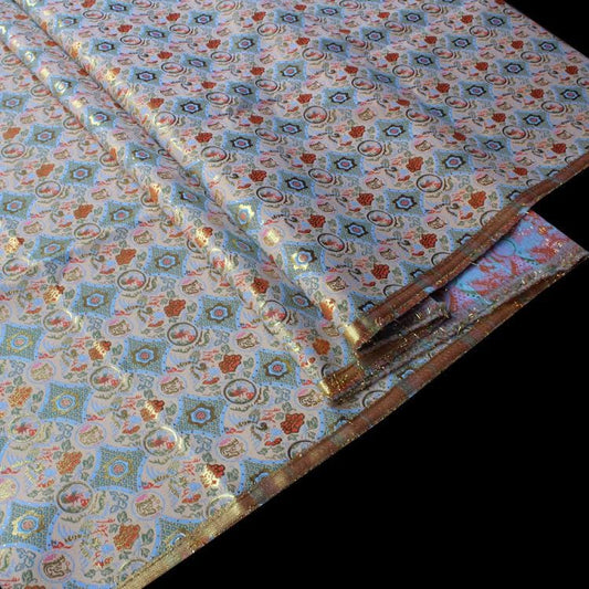 Gold Brocade Fabric: Tibetan Buddhist Lotus Embroidery, 28"W