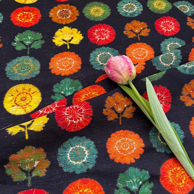 Tissu pour patchwork, tissu en coton à motif d'arbres fleuris ��� Style asiatique coloré Pri" Large