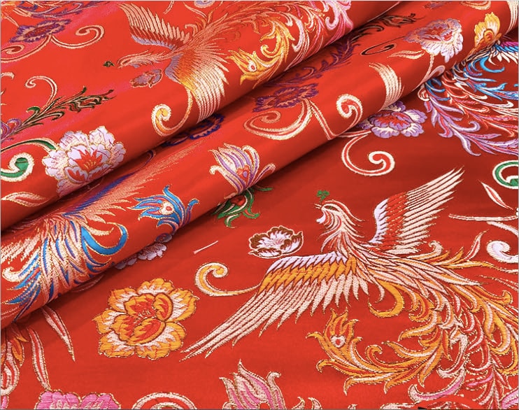 Tissu satin jacquard Phoenix Peony : brocart de soie bleu, 150 cm de large