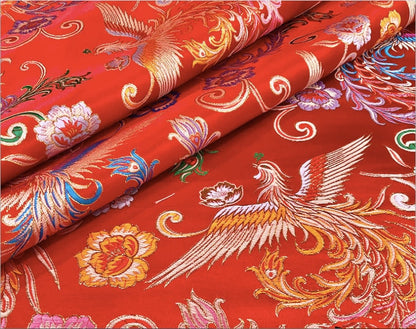 Tissu satin jacquard Phoenix Peony : brocart de soie bleu, 150 cm de large