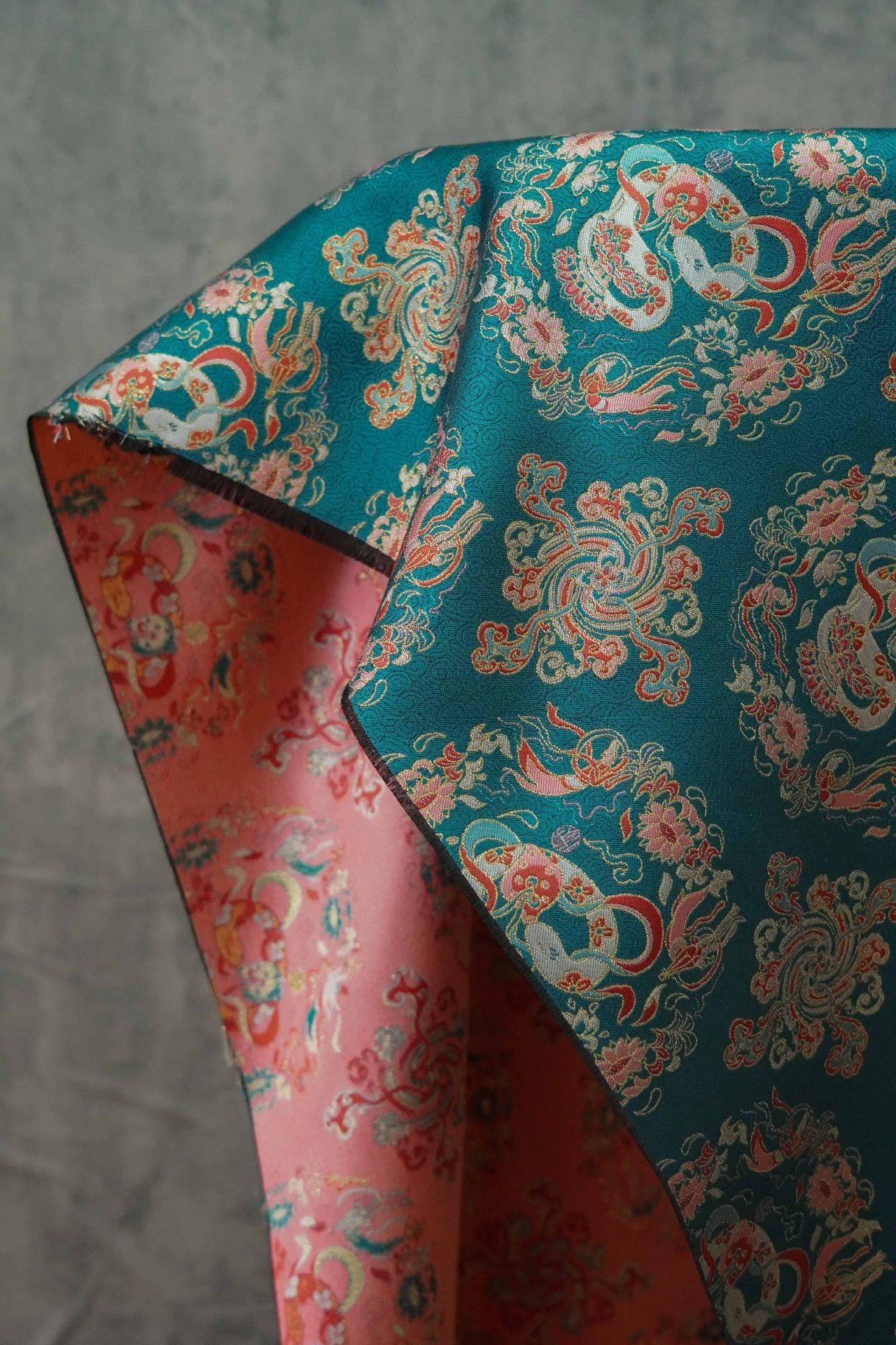 Cyan Brocade Fabric: Chinese Dynasty Jacquard Polyester, 66" Wide