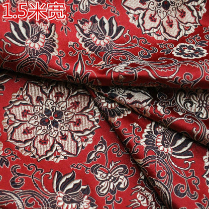 Tissu brocart à fleurs de lotus rouges : Coussin Cheongsam chinois, 150 cm de large
