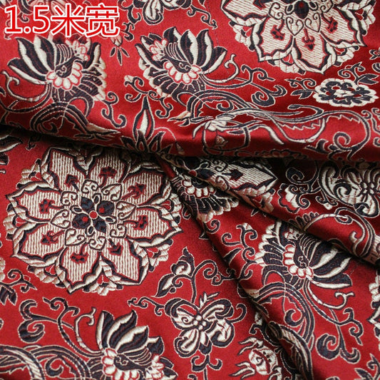 Tissu brocart à fleurs de lotus rouges : Coussin Cheongsam chinois, 150 cm de large