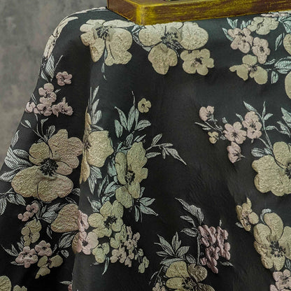 Floral Jacquard Fabric: 3D Effect Yellow Pink Flowers, 55" Wide - By The Meter