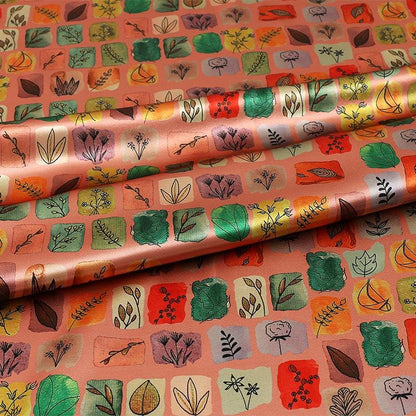 Tissu satiné de soie imprimé numériquement, motif thé : 150 cm de large, pour ameublement, costumes et loisirs créatifs.