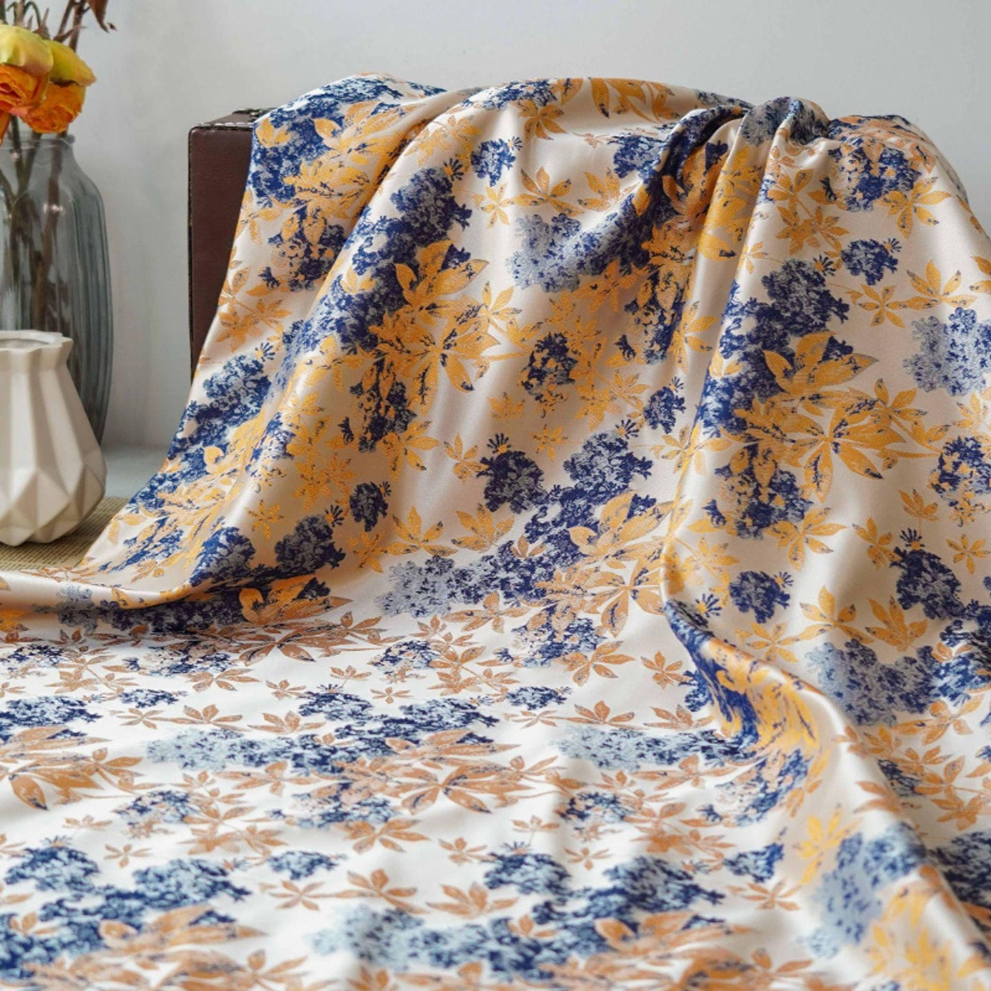 Floral Jacquard Fabric: Oil Painting Style, Blue & Gold, 59" Wide