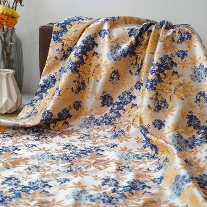 Floral Jacquard Fabric: Oil Painting Style, Blue & Gold, 59" Wide